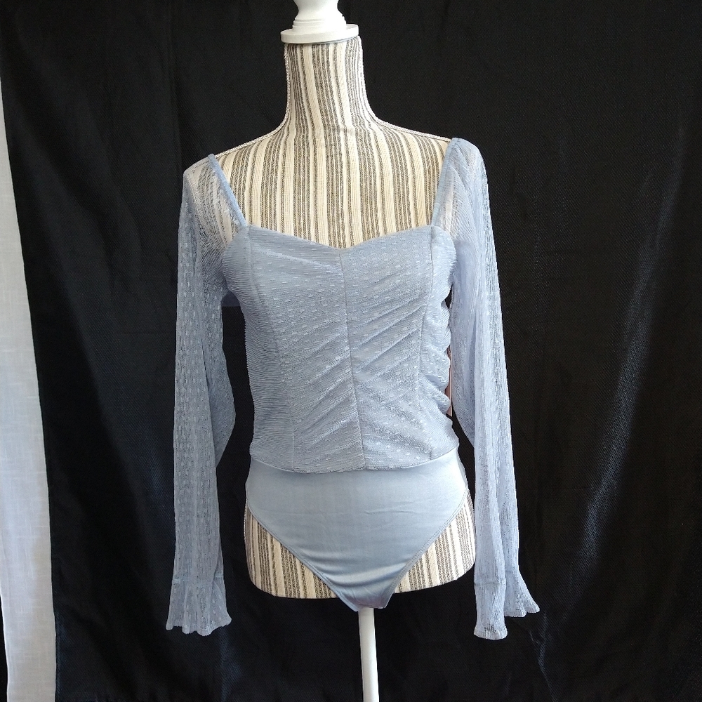 Blue long sleeves  tulle bodysuit mesh top size medium